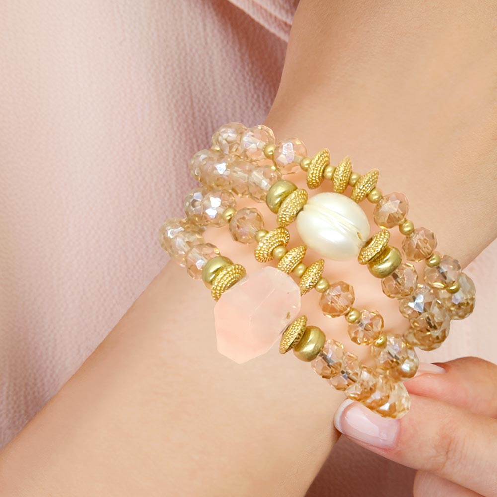 Madeline Love Beige Pearl Accented Faceted Beads Stretch Bracelets
