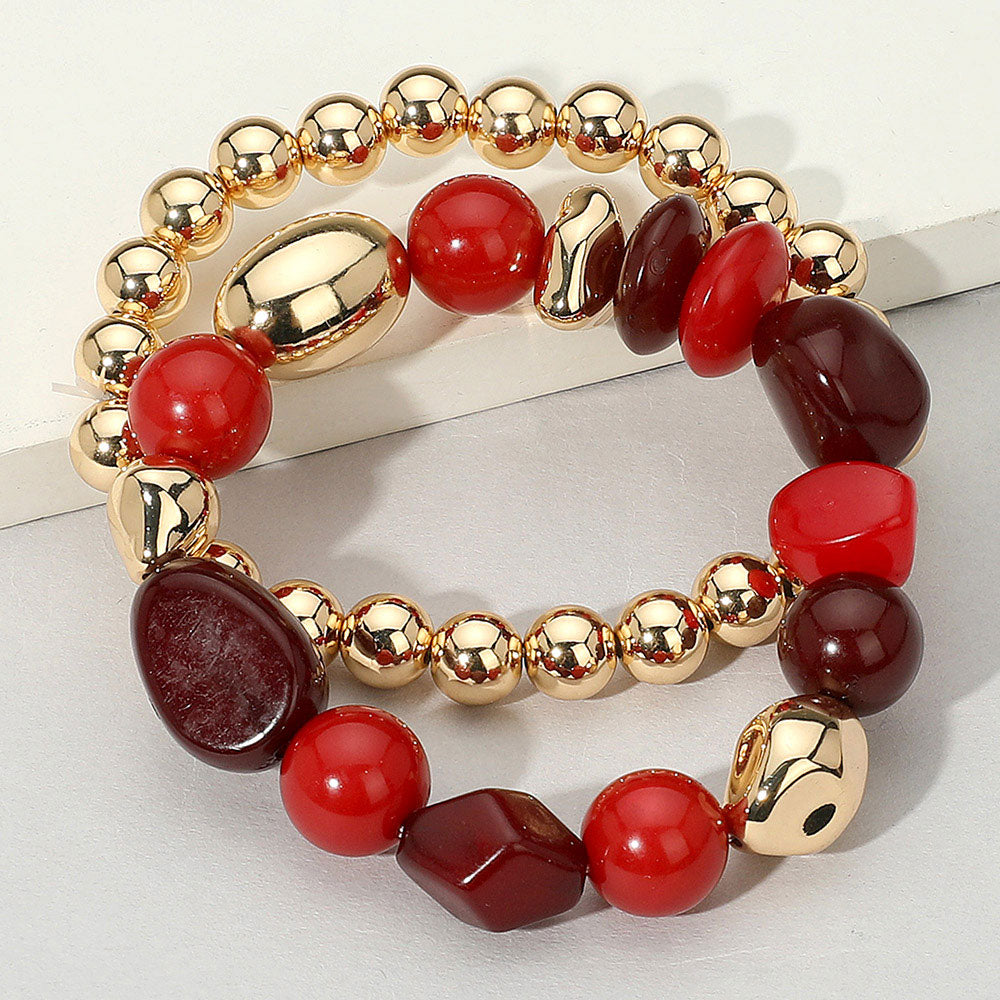 Madeline Love Burgundy, Gold 2PCS - Colorful Pebble Beaded Stretch Multi Layered Bracelets