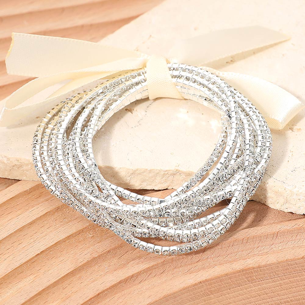 Madeline Love Clear, Silver 12PCS - Ribbon Slim Rhinestone Stretch Multi Layered Bracelet - Bracelets