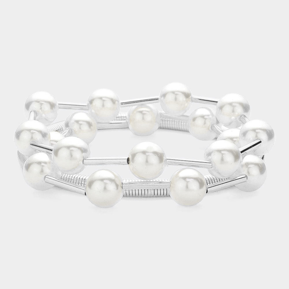 Madeline Love Cream, Rhodium 3PCS - Pearl Station Metal Coil Stretch Multi Layered Bracelets