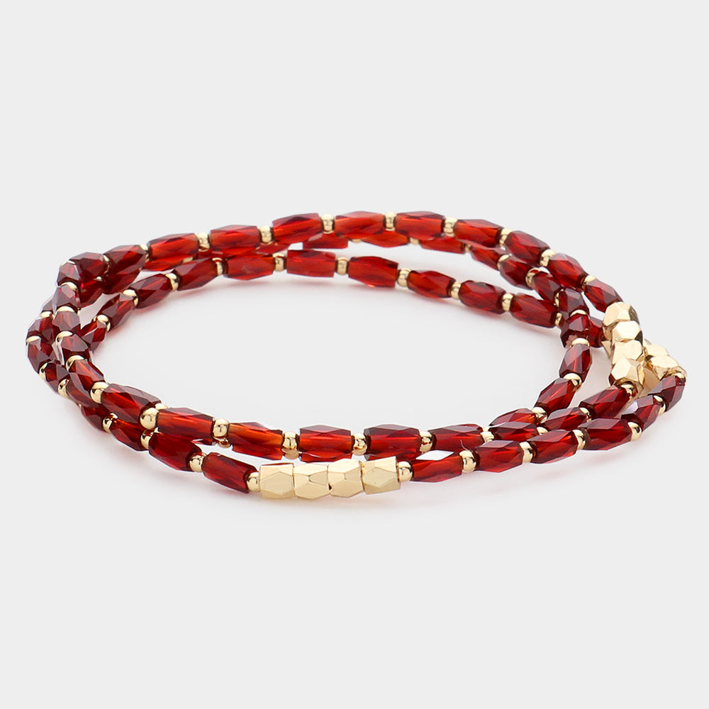Madeline Love Burgundy 3PCS - Faceted Rectangle Beaded Stretch Bracelets