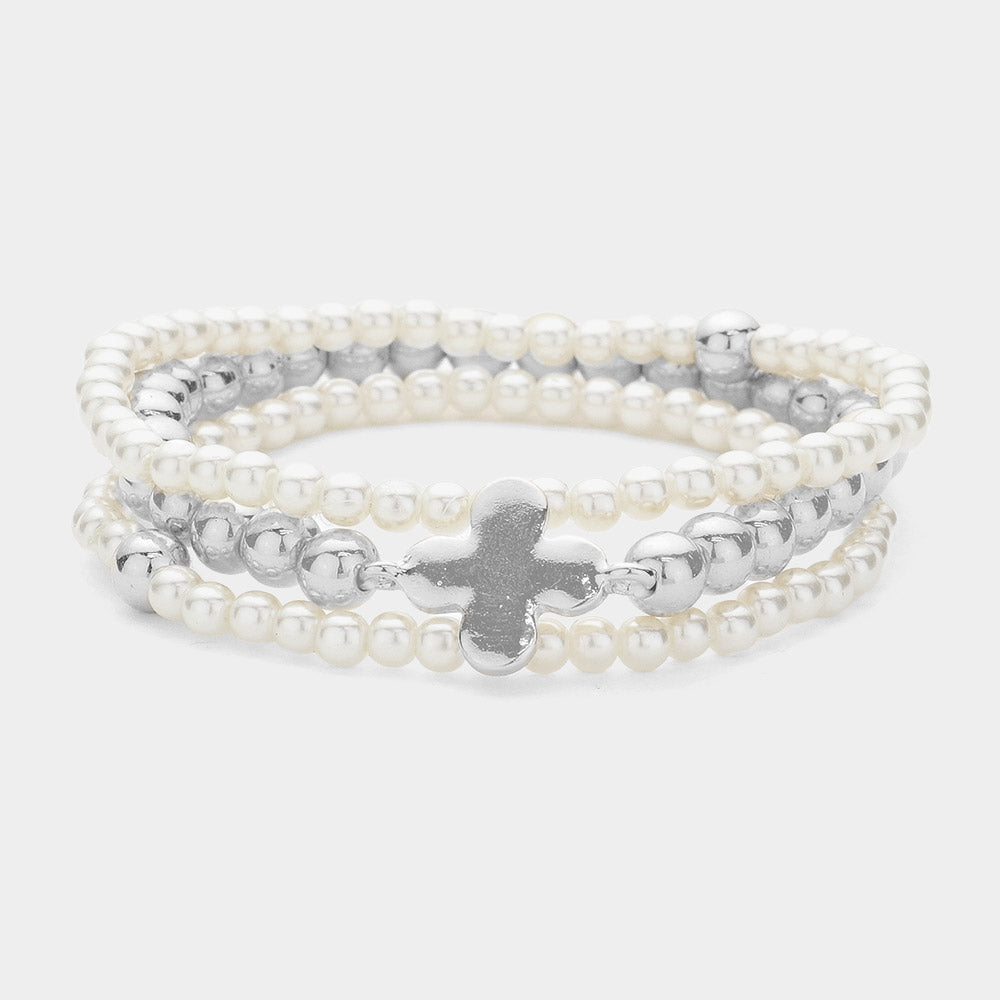 Madeline Love Cream, Rhodium 3PCS - Quatrefoil Pointed Pearl Stretch Multi Layered Bracelets