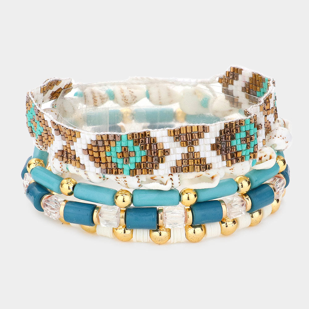 Turquoise 5PCS - Boho Pattern Detailed Shell Beaded Bracelets