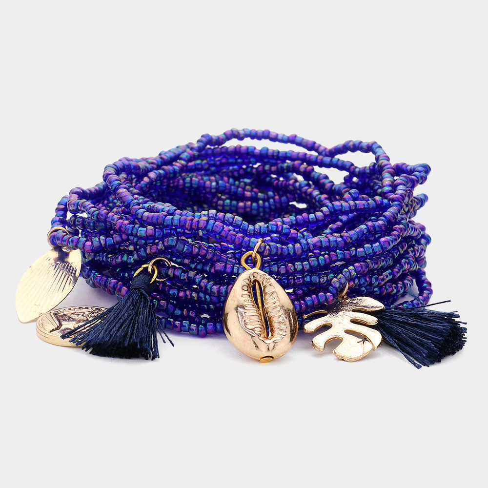 Madeline Love Purple 20PCS - Seed Beaded Tassel Shell Leaf Coin Charm Stretch Multi Layered Bracelets