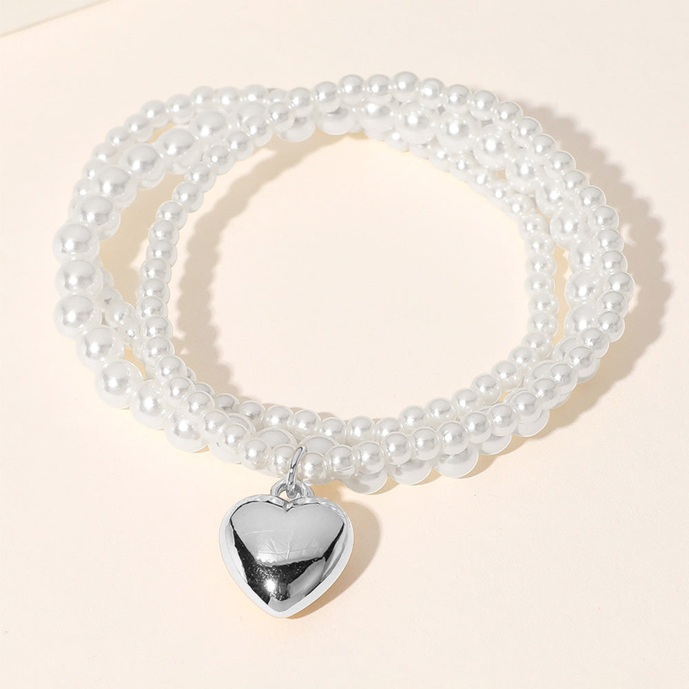 Madeline Love Cream, Silver 3PCS - Metal Heart Charm Pointed Pearl Beaded Stretch Multi Layered Bracelets