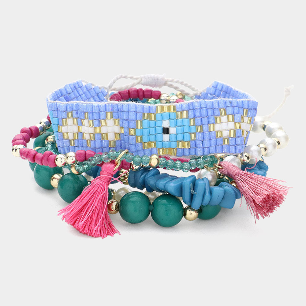 Madeline Love Multi 6PCS - Tassel Pointed Faceted Beaded Pearl Stretch Evil Eye Pointed Beaded Cinch Pull Tie Multi Layered Bracelets