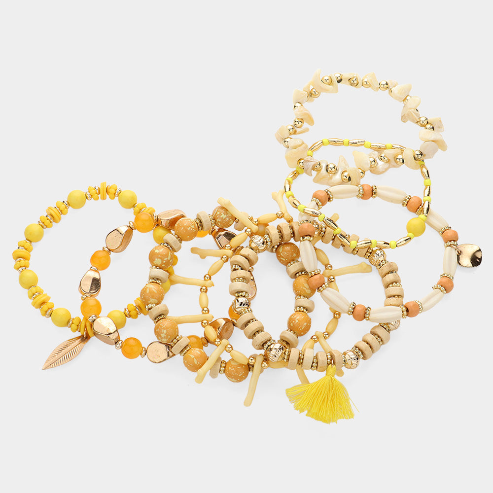 Madeline Love Yellow 8PCS - Wood Multi Beaded Metal Leaf Tassel Charm Stretch Multi Layered Bracelets - desc