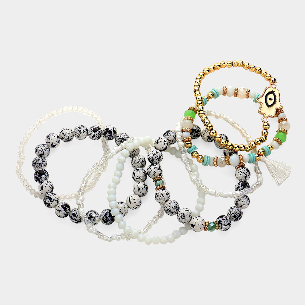 Madeline Love White 8PCS - Eveil Eye Hamsa Hand Pointed Tassel Charm Various Beads Beaded Stretch Multi Layered Bracelets - desc