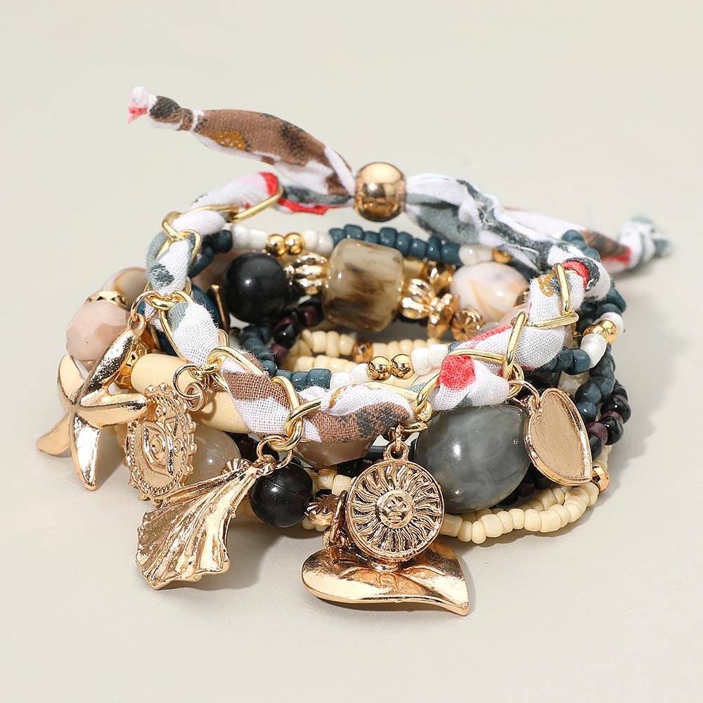 Madeline Love Multi 9PCS - Boho Shell Starfish Evil Eye Medallion Charm Beaded Stretch Adjustable Multi Layered Bracelets