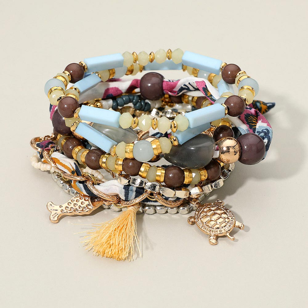 Madeline Love Multi 10PCS - Boho Turtle Fish Tassel Charm Beaded Stretch Adjustable Multi Layered Bracelets