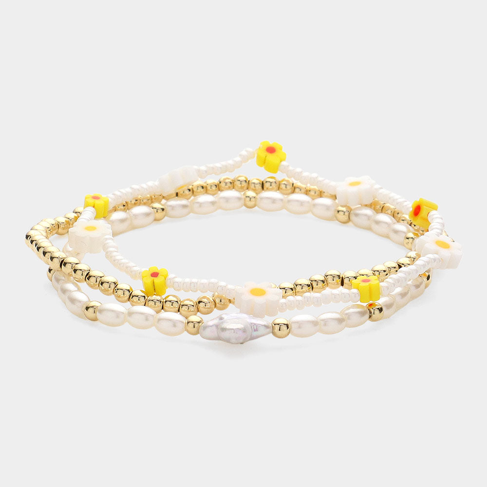 Madeline Love Mother of Pearl, Multi 3PCS - Mother Of Pearl Flower Quatrefoil Pointed Beaded Multi Layered Bracelets