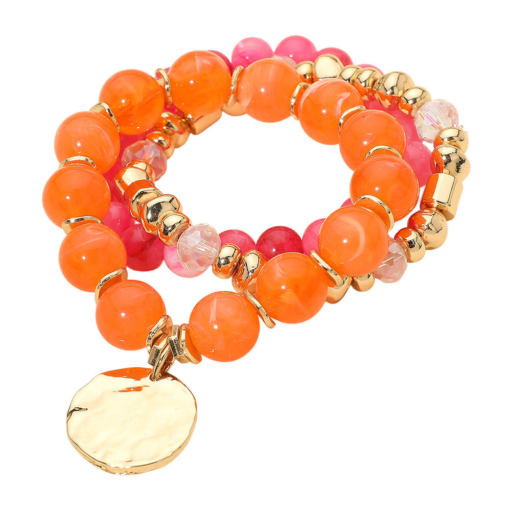 Madeline Love Fuchsia 3PCS - Hammered Metal Disc Charm Accent Beaded Stretch Multi Layered Bracelets - extra