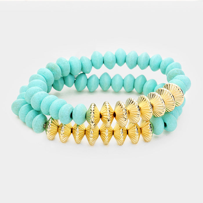 Madeline Love Gold, Turquoise 2PCS Wood Bead Stretchable Bracelets - Jewelry