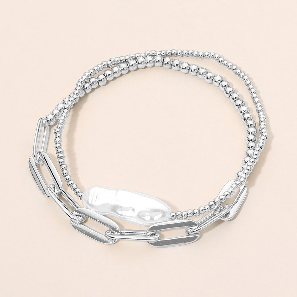 Madeline Love Cream, Rhodium Pearl Accent Paperclip Beaded Stretch Multi Layered Bracelets