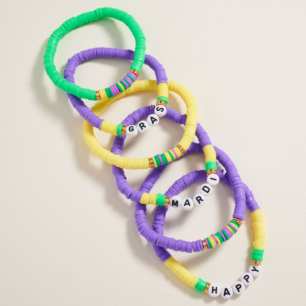 Multi 6PCS - HAPPY MARDI GRAS Message Heishi Beaded Stretch Multi Layered Bracelets