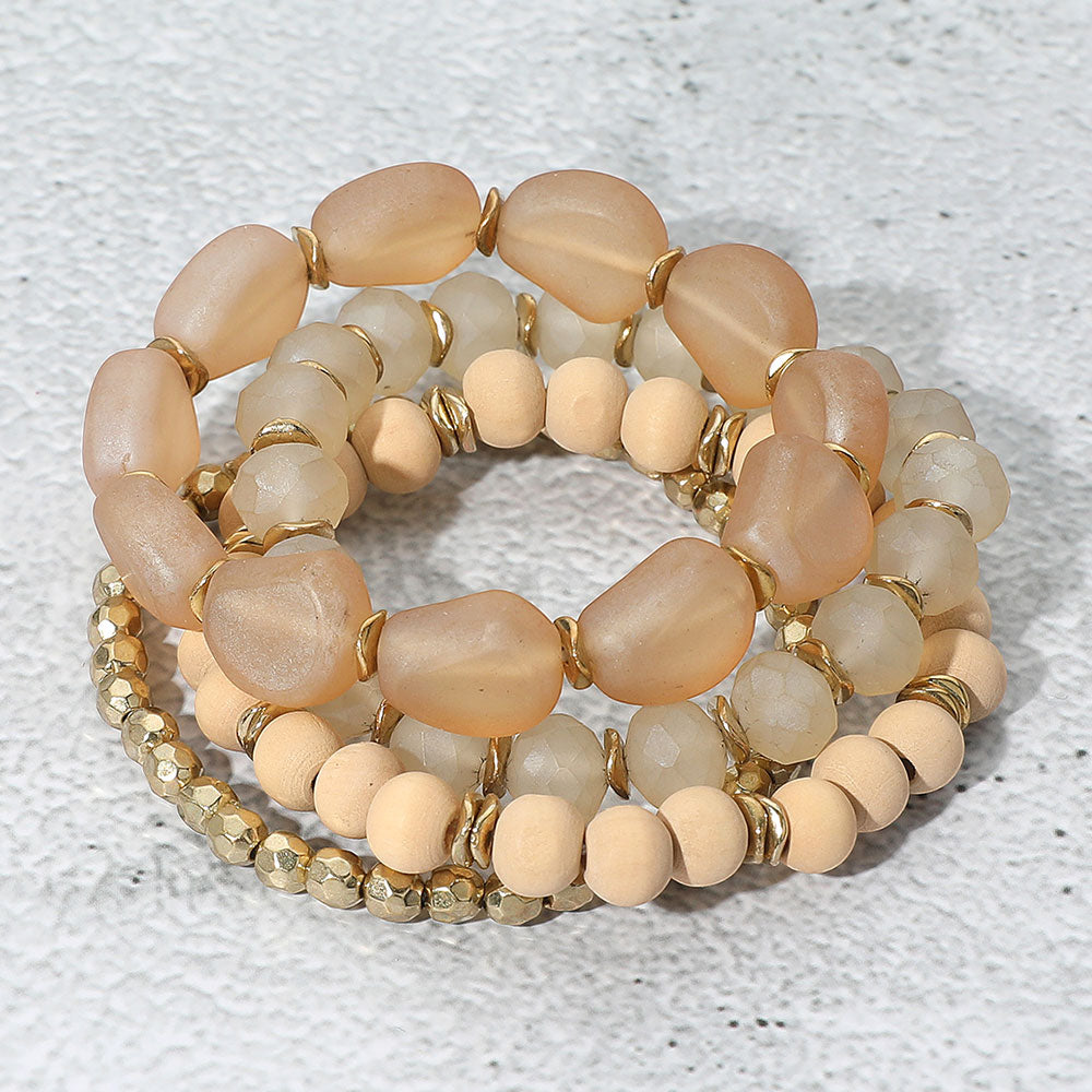 Madeline Love Neutral 4PCS - Wood Ball Multi Beaded Stretch Bracelets - desc
