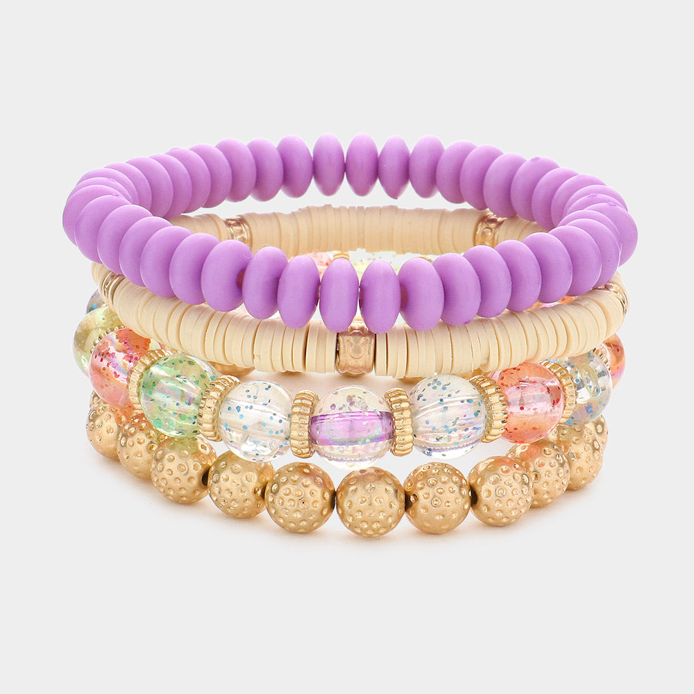 Madeline Love Lavender 4PCS - Textured Metal Ball Heishi Beaded Stretch Bracelets