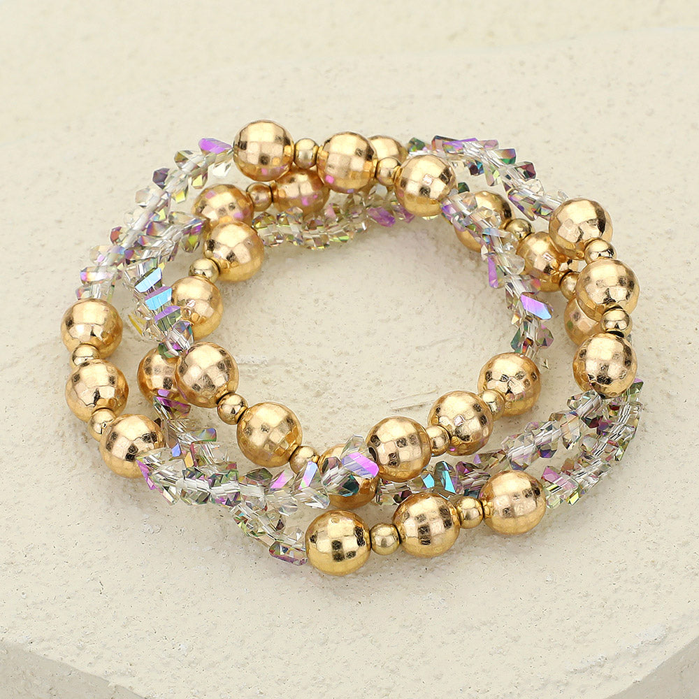 Madeline Love AB, Gold 3PCS - Metal Ball Faceted Beaded Stretch Multi Layered Bracelets