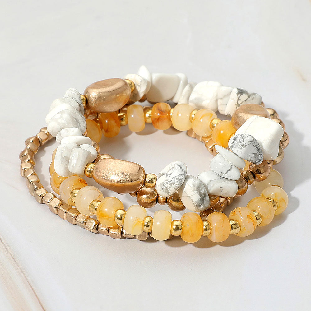 Madeline Love White Natural Stone Metal Ball Beaded Stretch Multi Layered Bracelets