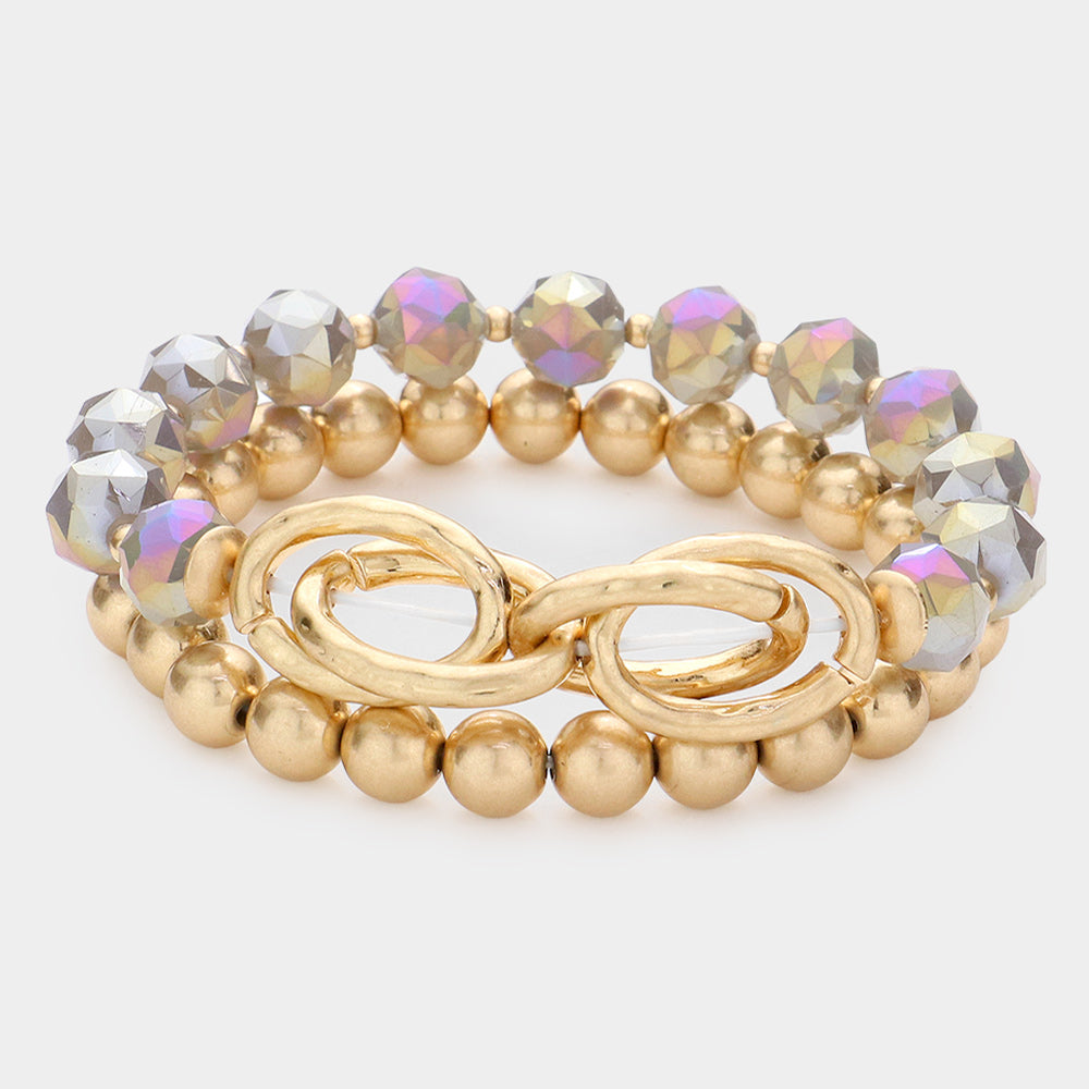 Madeline Love Black Diamond 2PCS - Open Metal Oval Link Metal Ball Faceted Beaded Stretch Bracelets