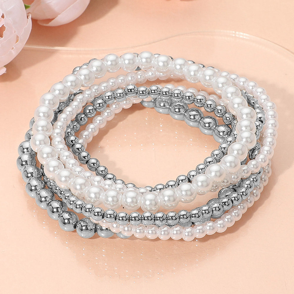 Madeline Love Rhodium, White Metal Ball Pearl Beaded Stretch Stackable Multi Layered Bracelets