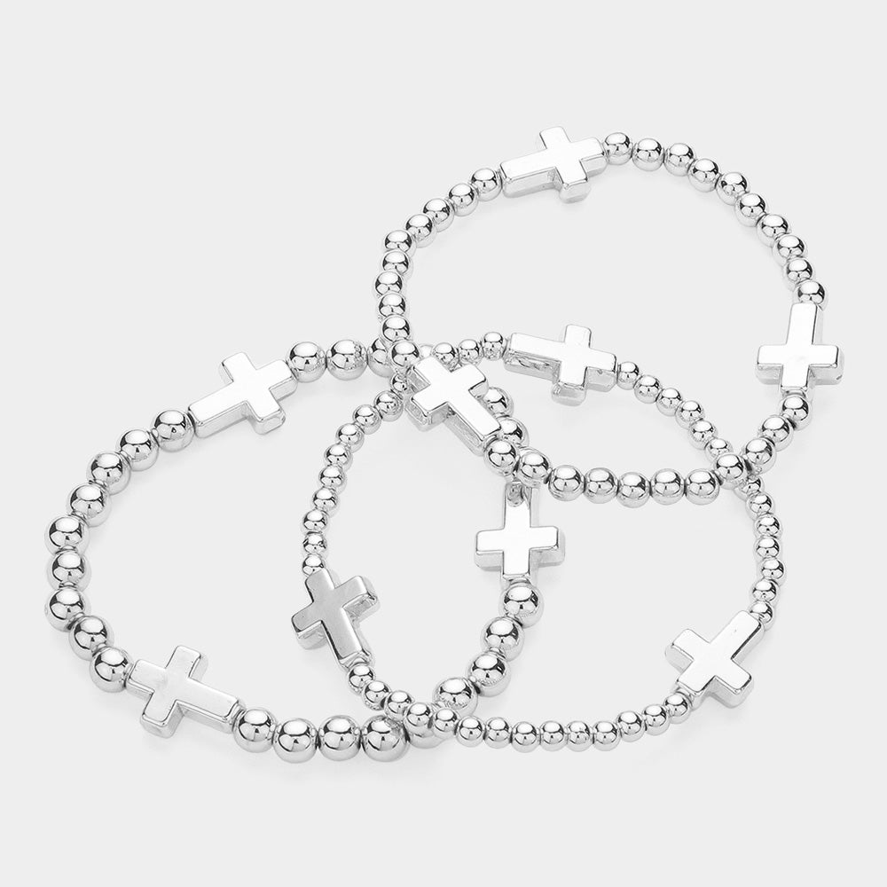 Madeline Love Rhodium Metal Cross Pointed Ball Beaded Stretch Multi Layered Bracelets - extra