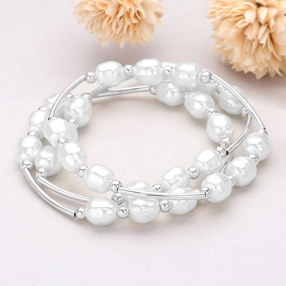 Madeline Love Rhodium, White 3PCS - Triple Freshwater Pearl Beaded Station Stretch Multi Layered Bracelets