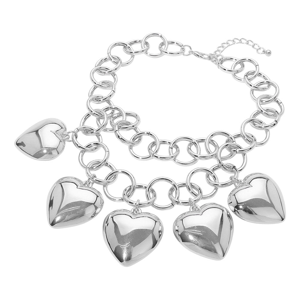 Madeline Love Rhodium Bold Puffy Metal Heart Charm Station Linked Chain Layered Statement Necklace - Necklaces - desc