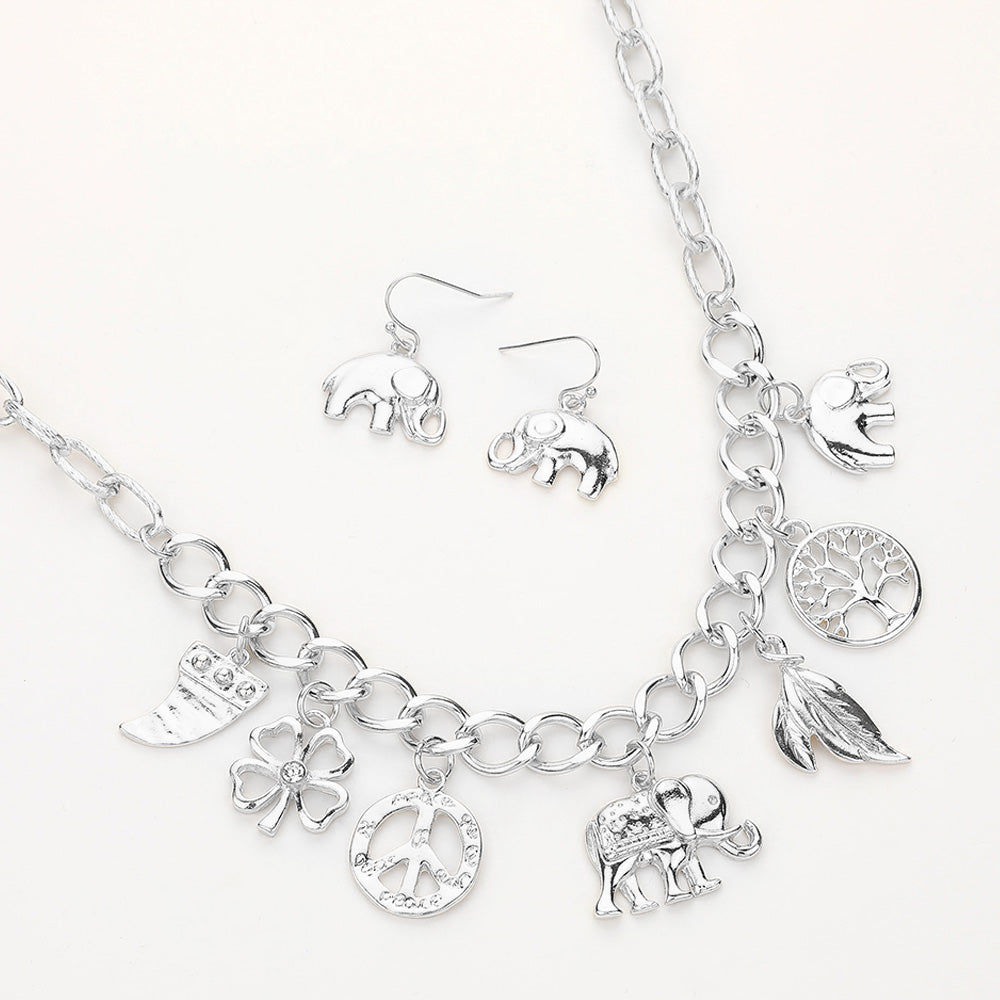 Madeline Love Worn Silver Elephant Clover Peace Tree of Life Leaf Horn Charm Station Necklace - Necklaces