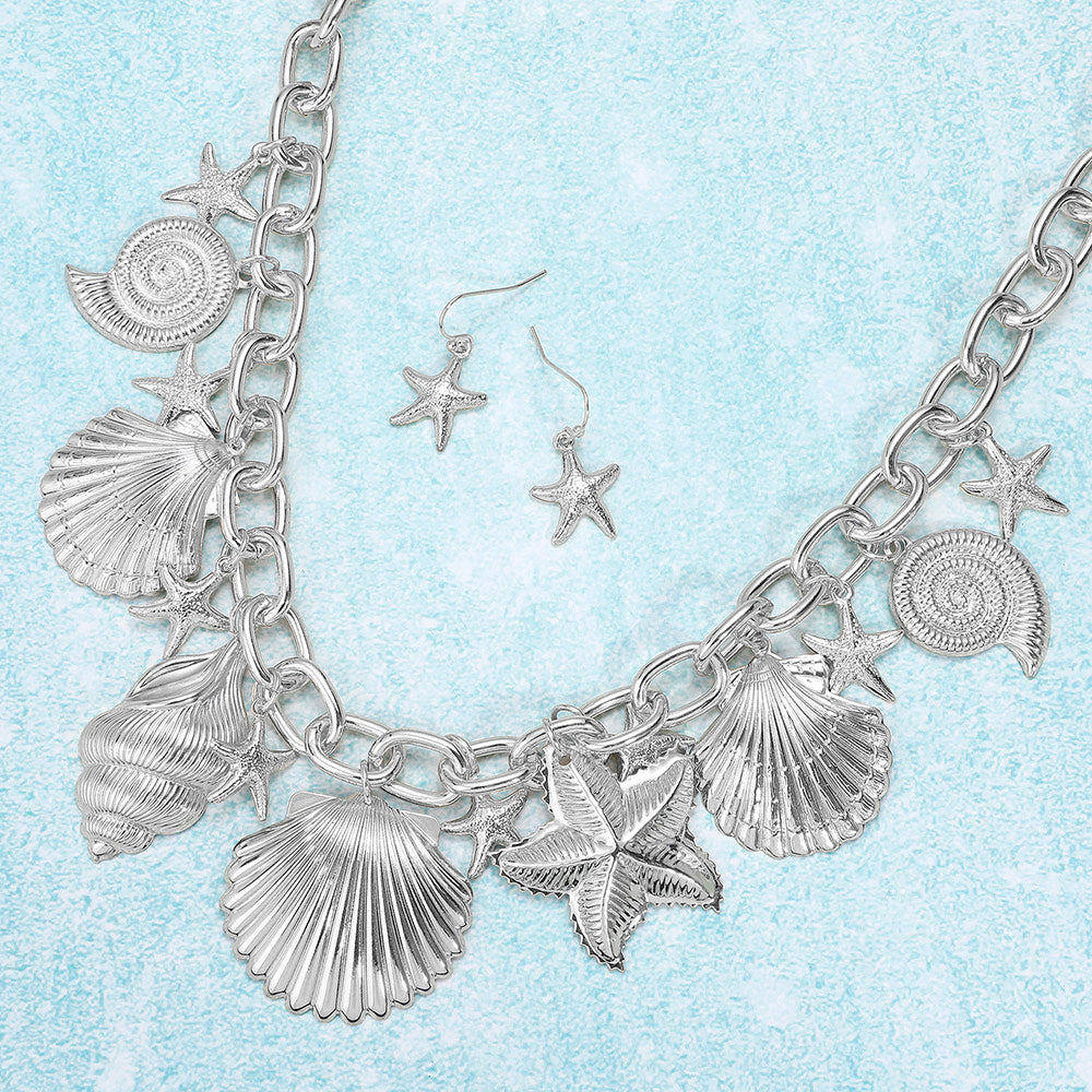 Rhodium Chunky Metal Sea Shell Starfish Charm Station Chain Necklace