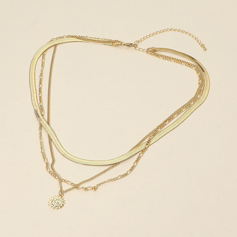 Madeline Love Gold 18K Gold Dipped Zodiac Moon Sunburst Coin Pendant Accent Herringbone Chain Layered Necklace - Necklaces - desc