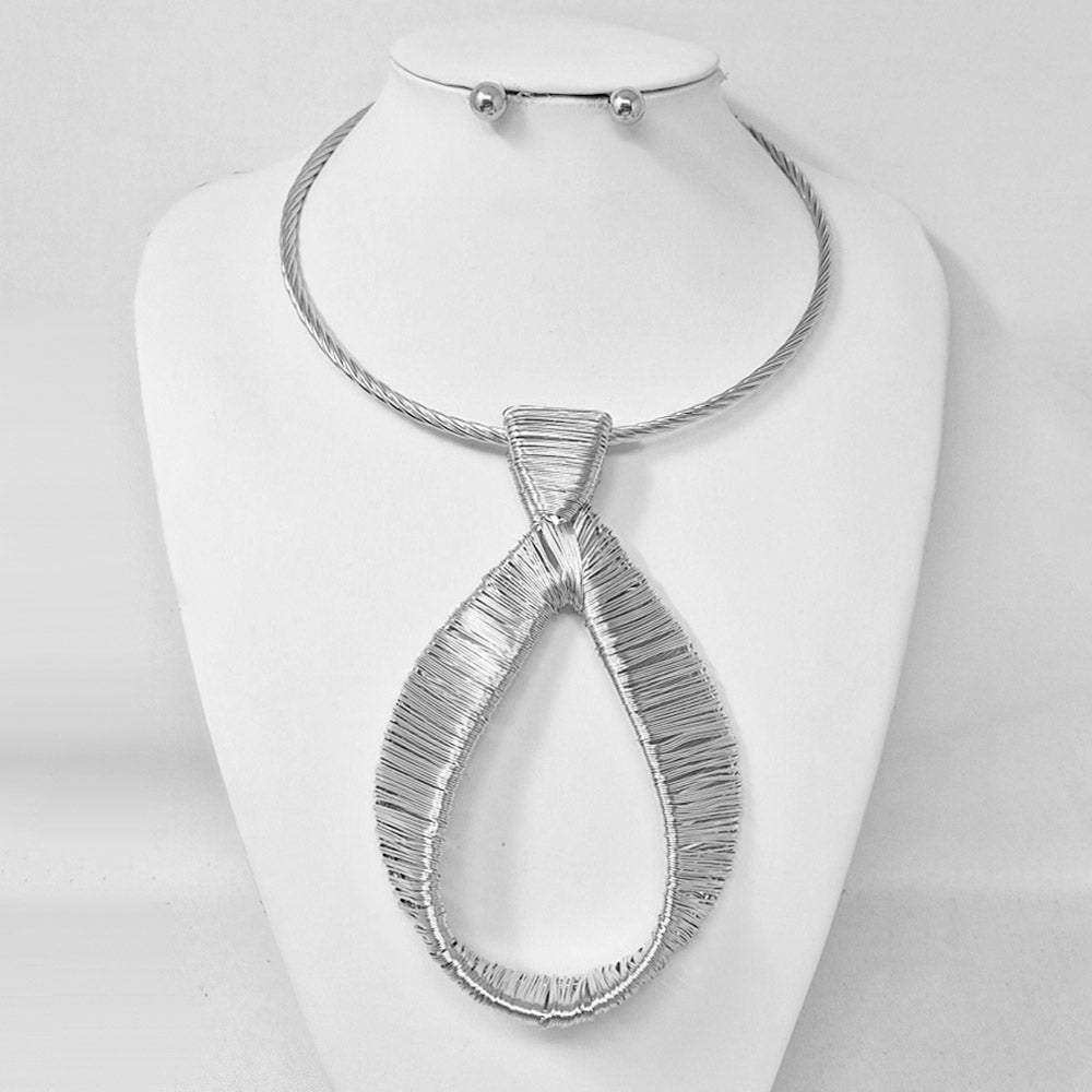 Madeline Love Rhodium Bold Metal Wire Wrapped Teardrop Pendant Statement Necklace - Necklaces - extra