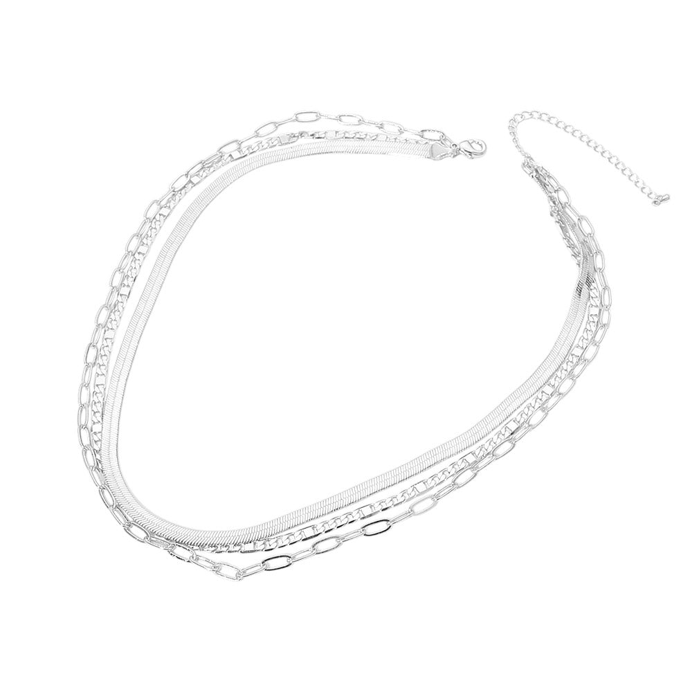 Madeline Love Silver, White Gold White Gold Dipped Herringbone Paperclip Chain Layered Necklace - Necklaces - extra