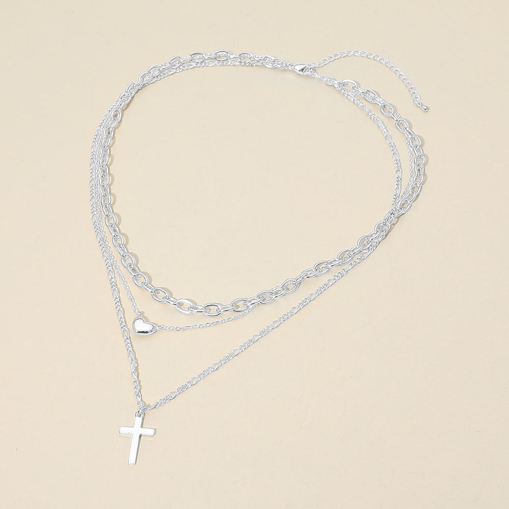 Madeline Love Silver, White Gold White Gold Dipped Cross Pendant Heart Charm Accent Mixed Chain Layered Necklace - Necklaces - desc