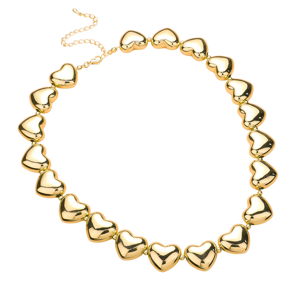 Metal Heart Link Necklace - Gold - Necklaces