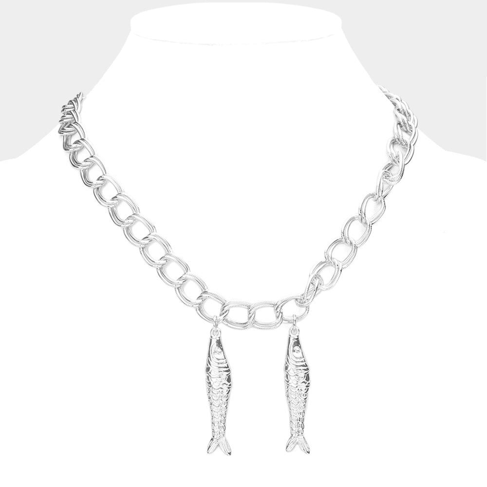 Rhodium Double Metal Fish Pendant Necklace