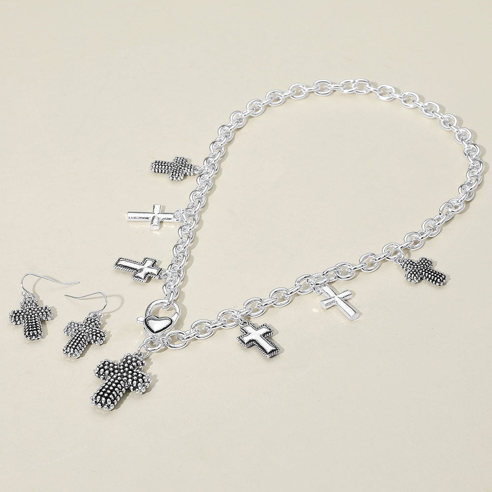 Madeline Love Antique Silver Textured Chunky Metal Cross Pendant Charm Necklace - Necklaces - extra