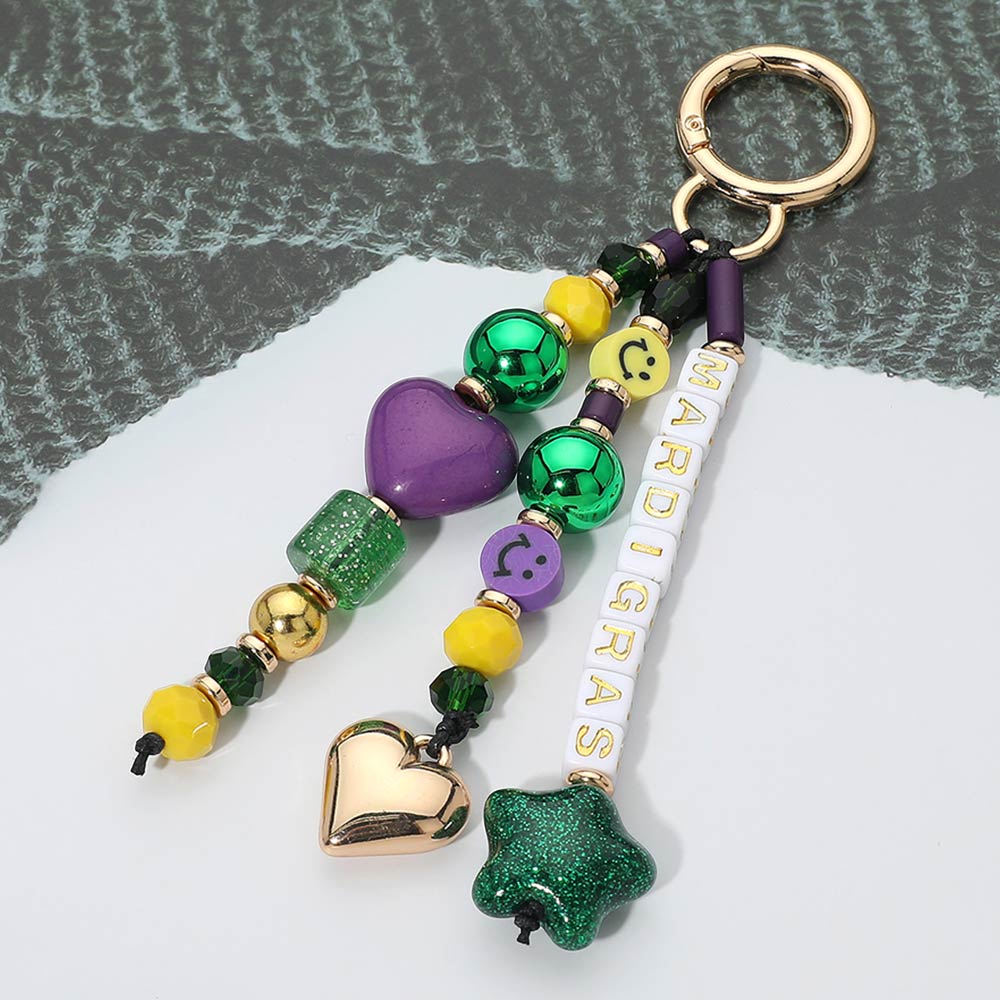 Madeline Love Gold, Green Mardi Gras Heart Star Charm Beaded Drop Keychain Bag Charm - Bags & Wallets