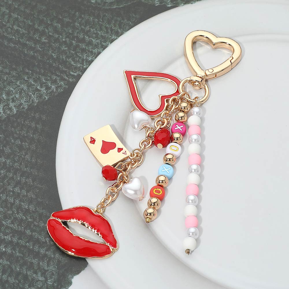 Madeline Love Gold, Red Lips Charm Drop Heart Charm Embellished Beaded Tassel Keychain Bag Charm - Bags & Wallets