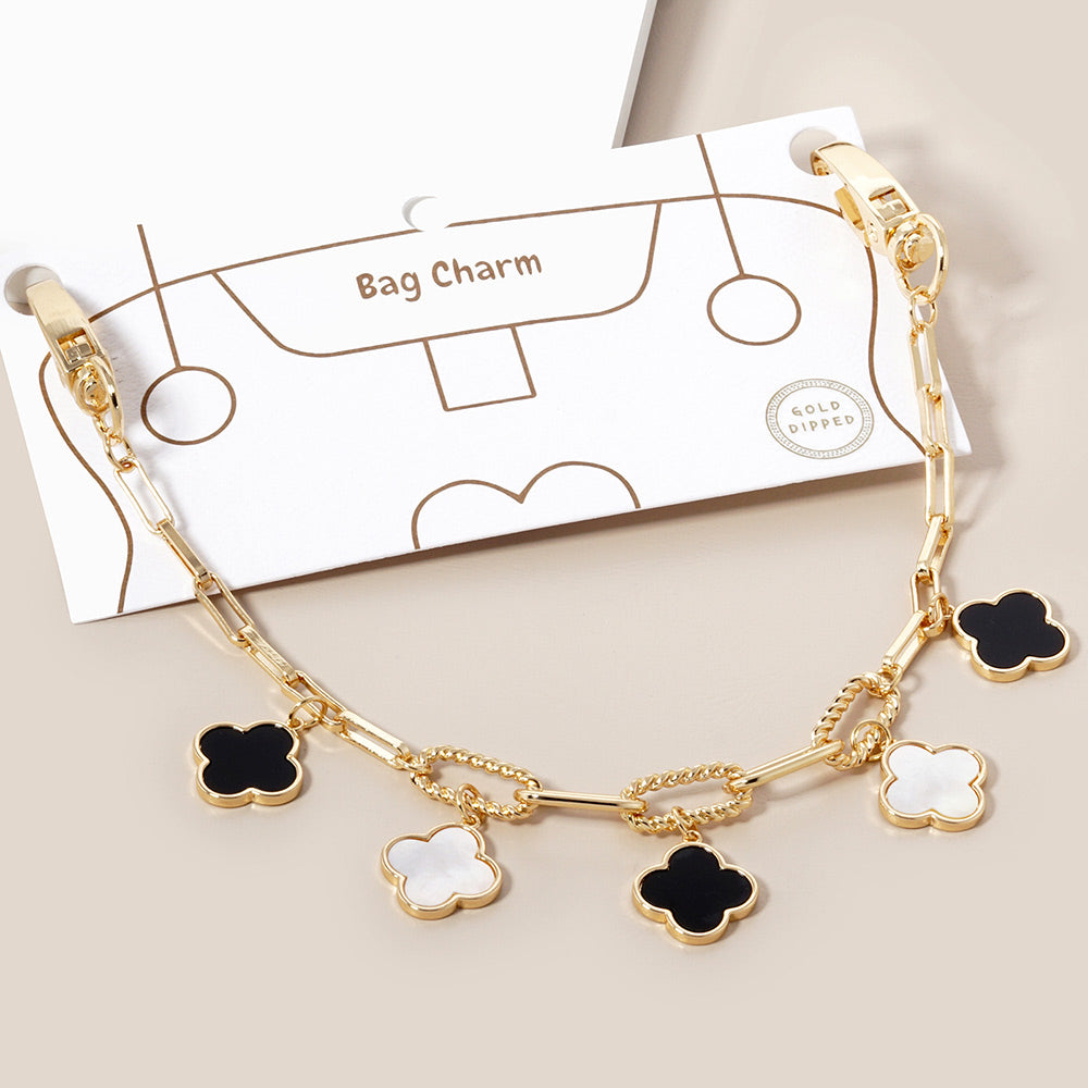 Madeline Love Black, Gold, White Gold Dipped Quatrefoil Charm Station Paperclip Chain Bag Charm - Bags & Wallets