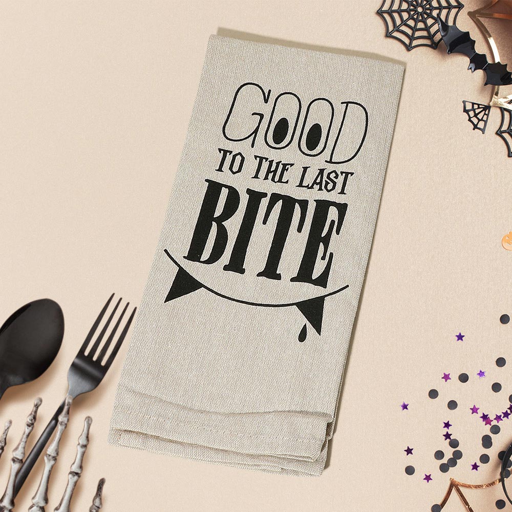 Madeline Love Black, Gray GOOD TO THE LAST BITE Halloween Message Kitchen Towel - Jewelry