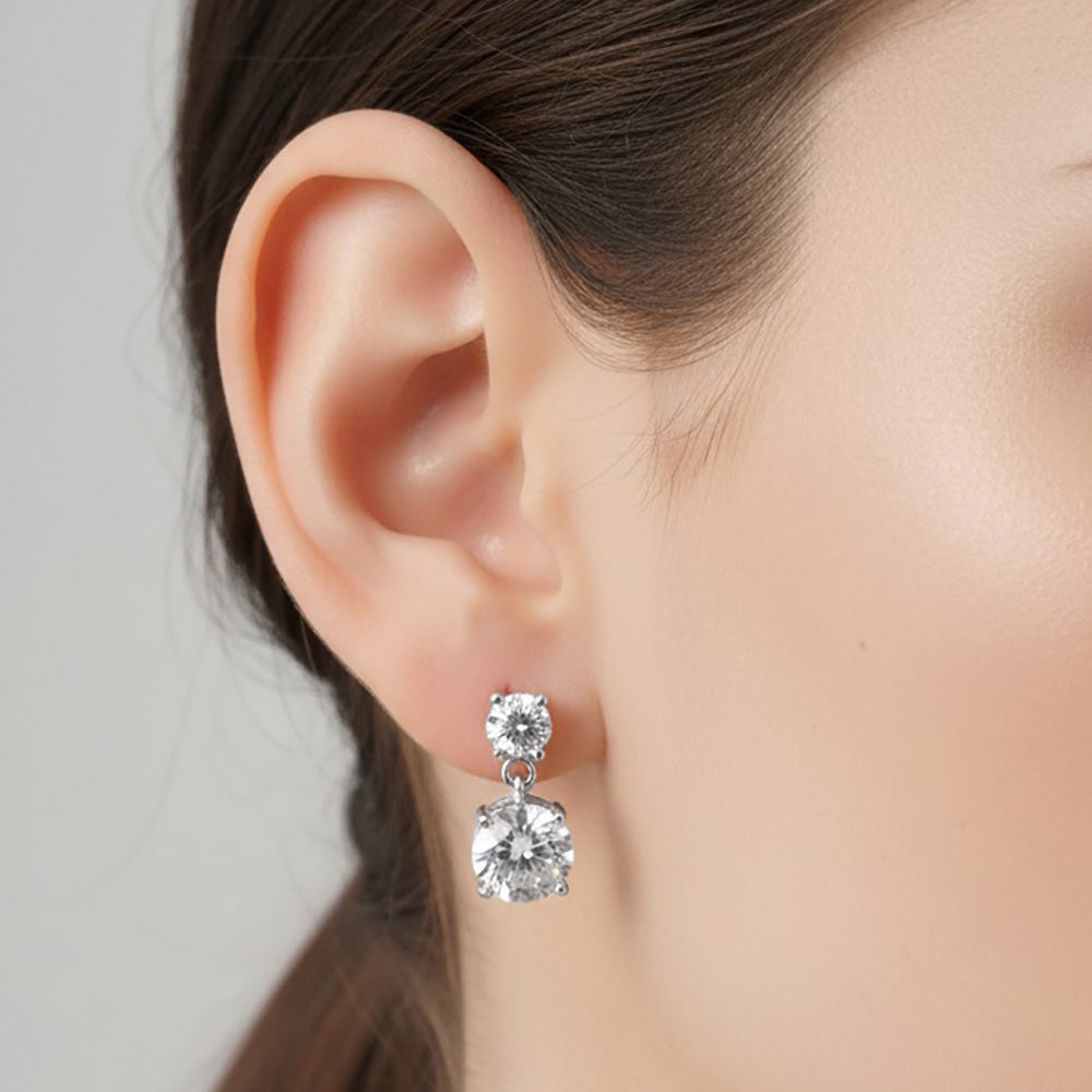 Madeline Love Clear, Rhodium 14K Gold Dipped Double Round CZ Drop Earrings
