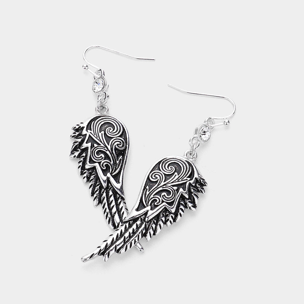 Madeline Love Antique Silver Crystal Accented Metal Angel Wing Drop Earrings - Jewelry