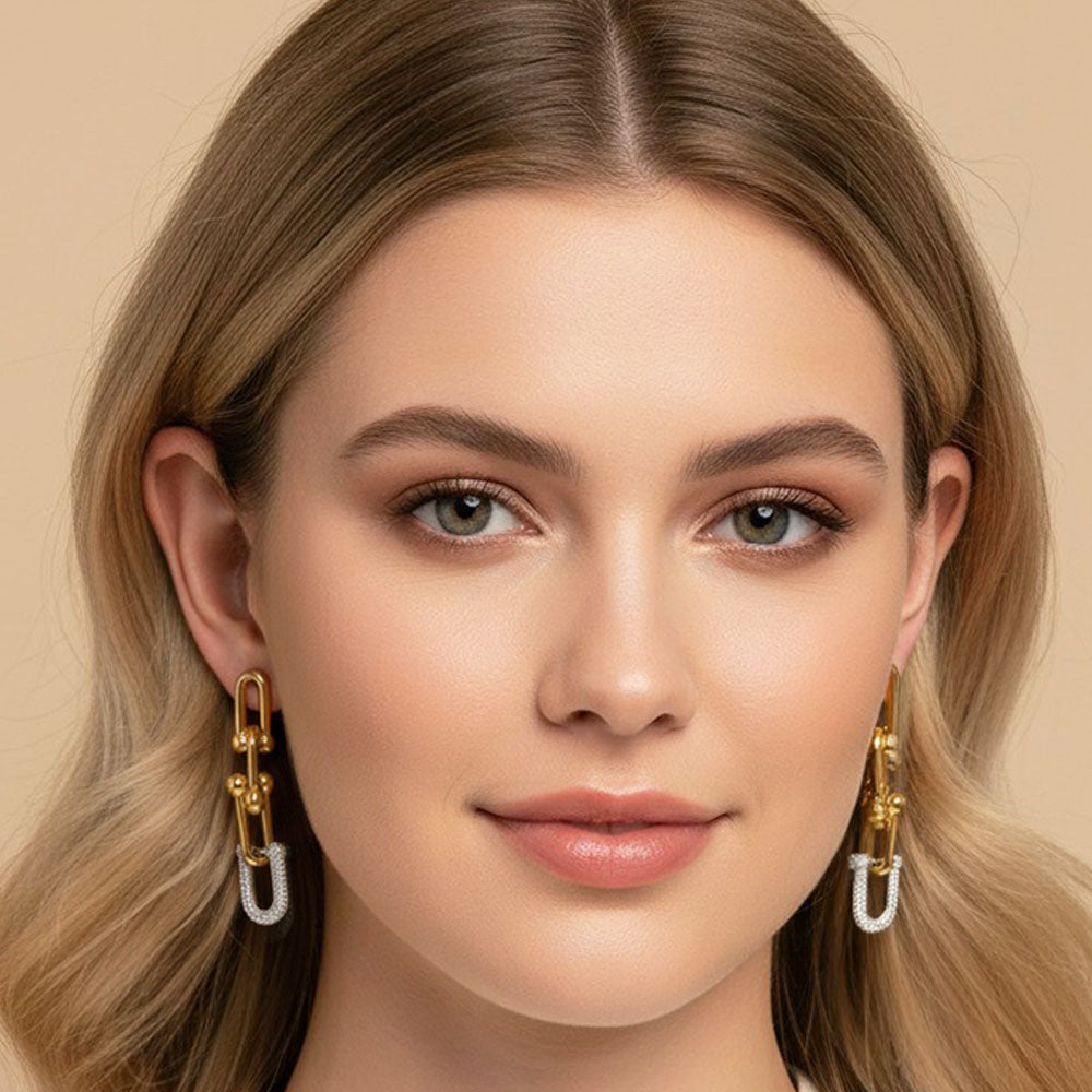 Madeline Love Gold Stainless Steel CZ Pave Industrial Link Drop Earrings