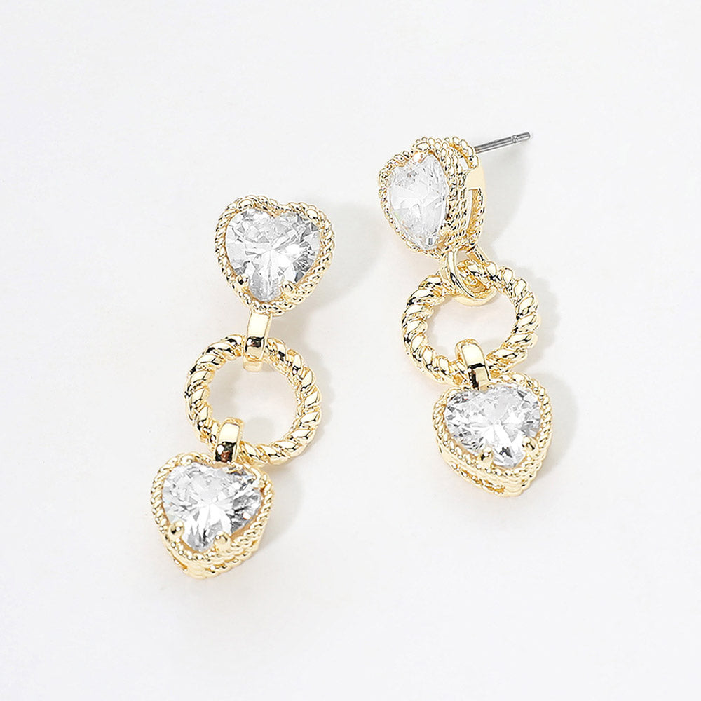 Madeline Love Clear, Gold 14K Gold Plated CZ Heart Charm Link Drop Earrings
