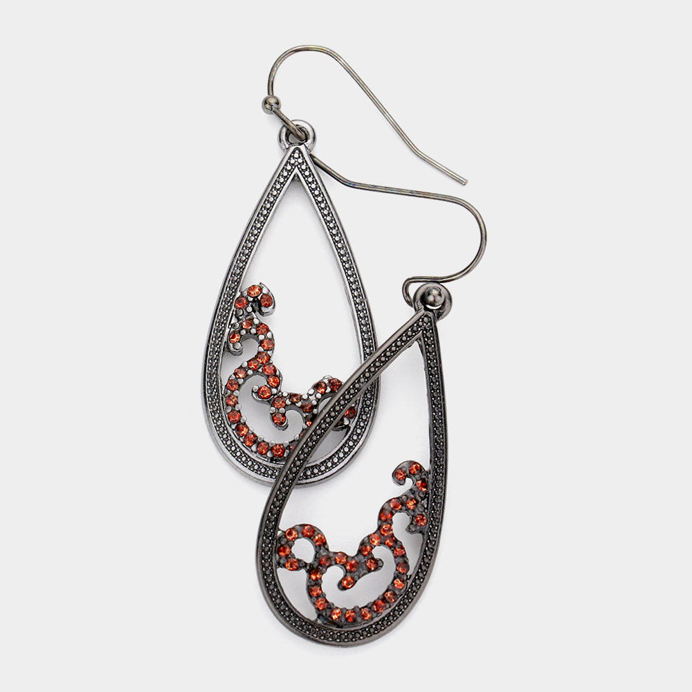 Madeline Love Hematite Rhinestone Embellished Open Metal Teardrop Dangle Earrings - Jewelry