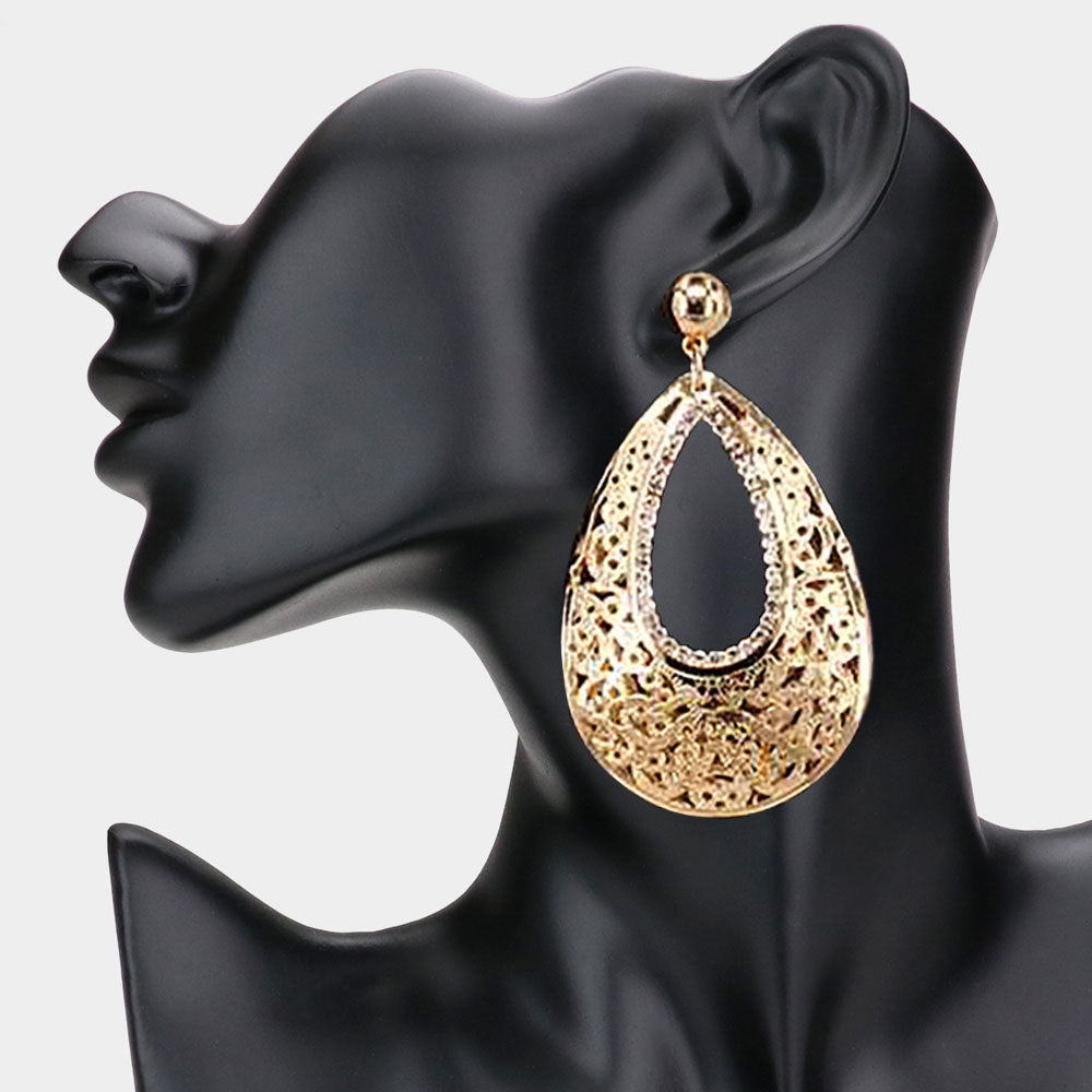 Madeline Love Gold Rhinestone Embellished Metal Filigree Teardrop Dangle Earrings