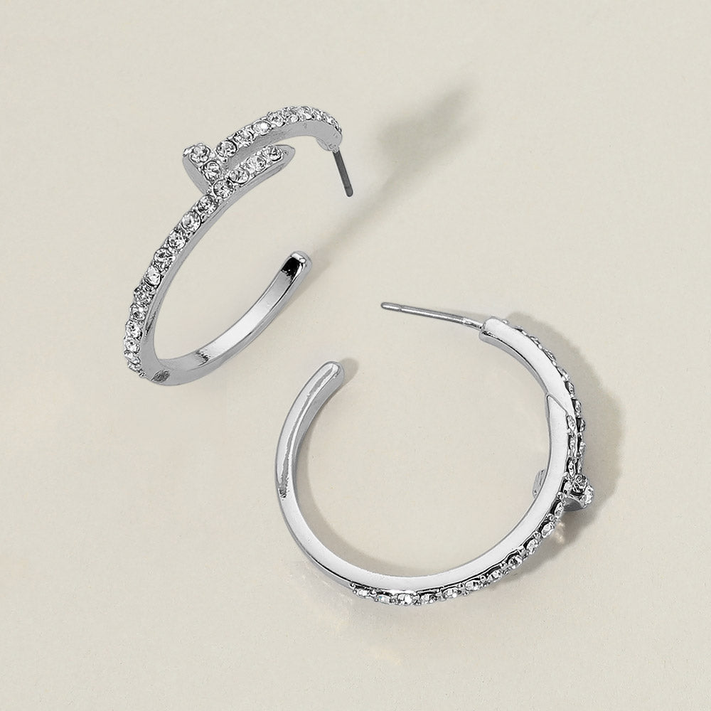 Madeline Love Clear, Rhodium Rhinestone Pave Nailhead Hoop Earrings