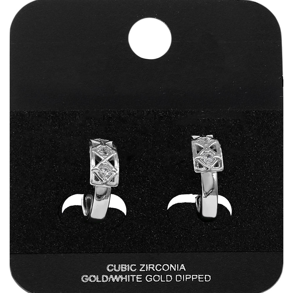Madeline Love Rhodium White Gold Dipped CZ Stone Accent Lattice Mini Open Hoop Earrings - Jewelry