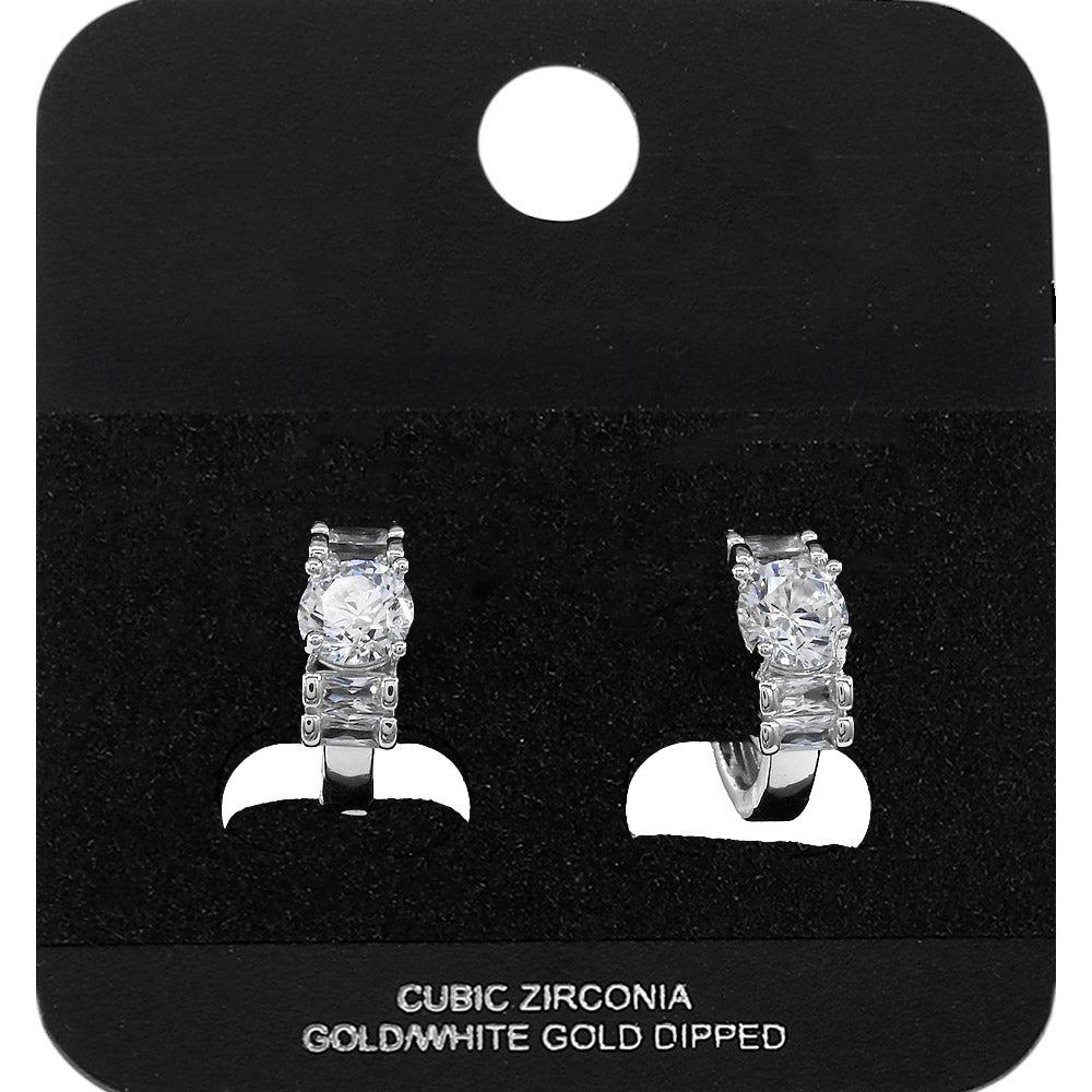 Madeline Love Rhodium White Gold Dipped Round Baguette CZ Mini Open Hoop Earrings - Jewelry